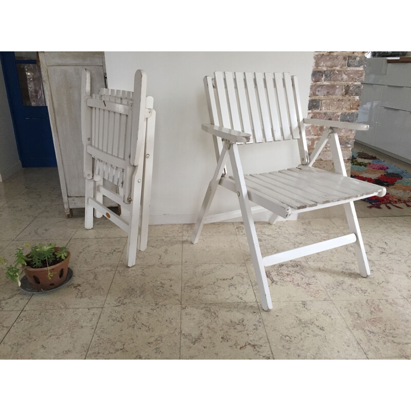 Vintage pair of folding garden armchairs in white lacquered wood by R. Gleizes