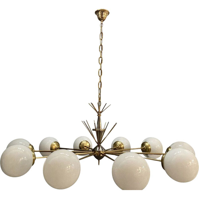 Vintage brass chrome & opaline glass Sputnik chandelier with 10 lights