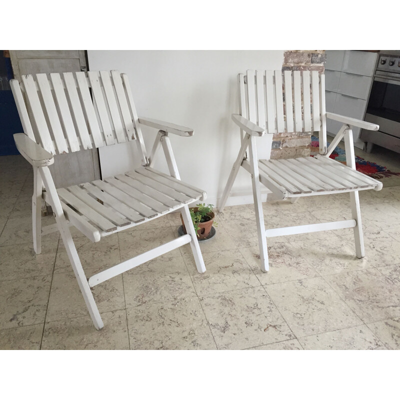 Vintage pair of folding garden armchairs in white lacquered wood by R. Gleizes