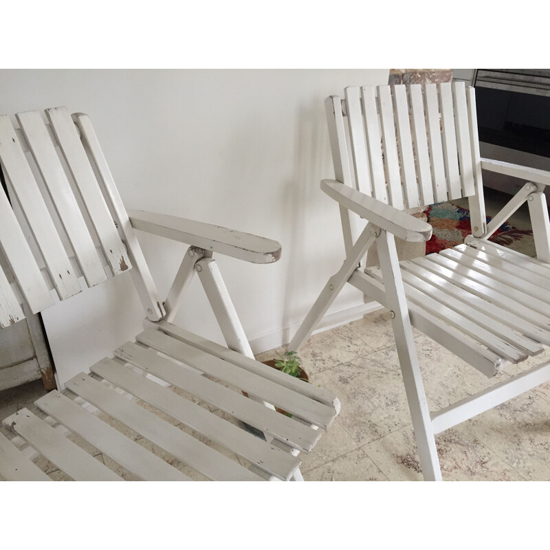 Vintage pair of folding garden armchairs in white lacquered wood by R. Gleizes