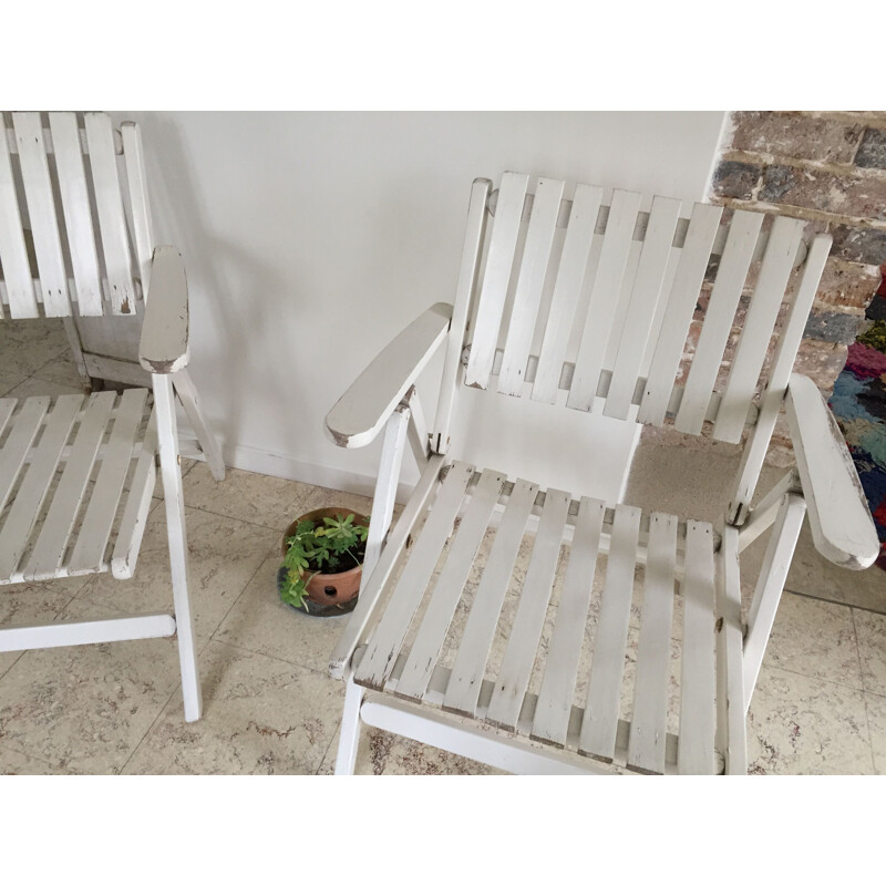 Vintage pair of folding garden armchairs in white lacquered wood by R. Gleizes