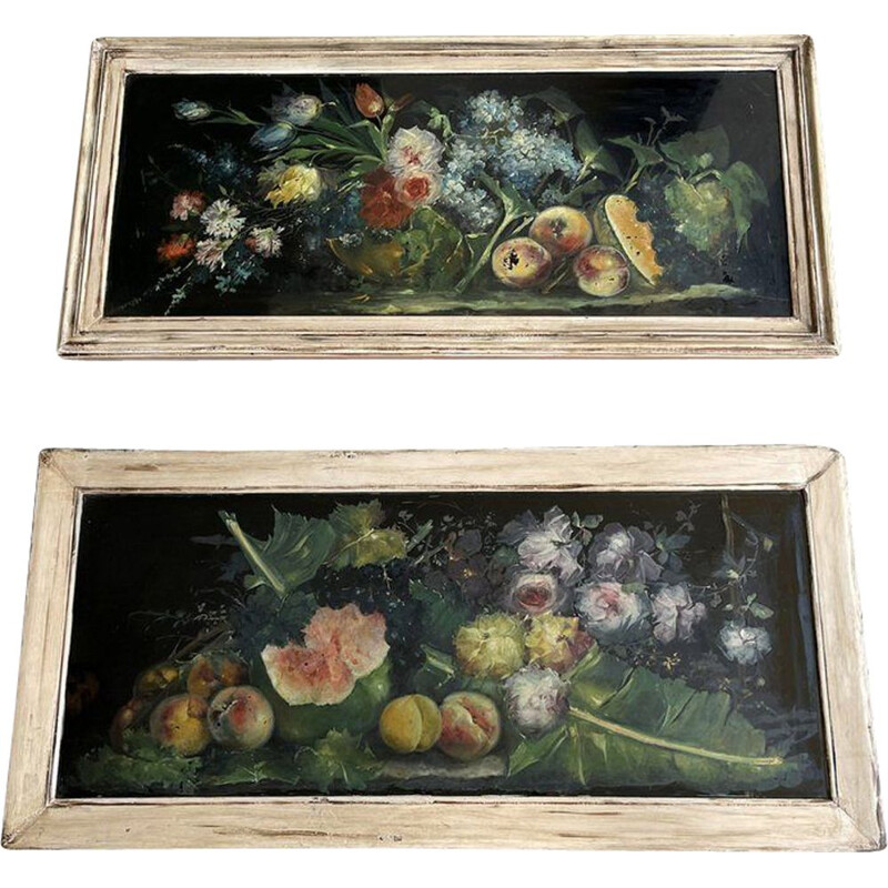 Pair of vintage fruit and flower paintings, Italy