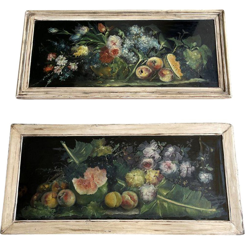 Paire de tableaux vintage de fruits et de fleurs, Italie