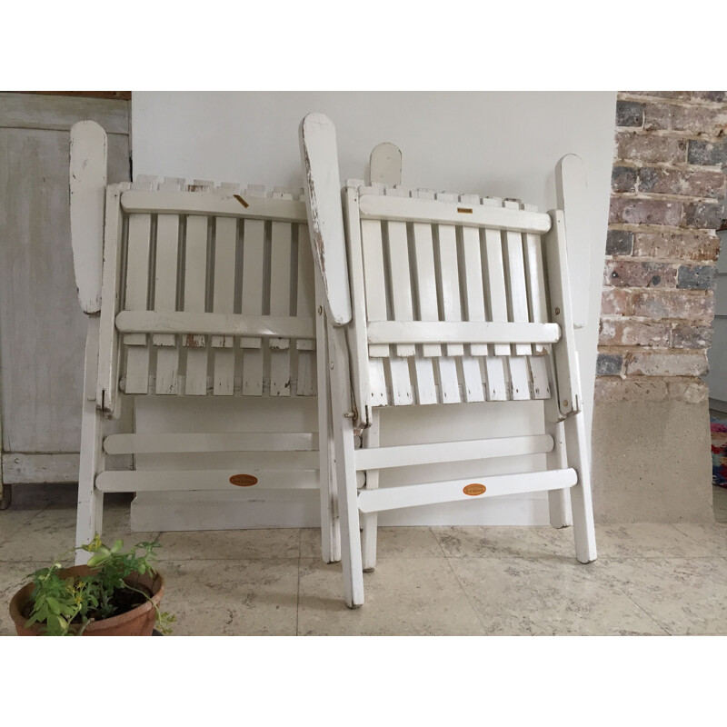 Vintage pair of folding garden armchairs in white lacquered wood by R. Gleizes