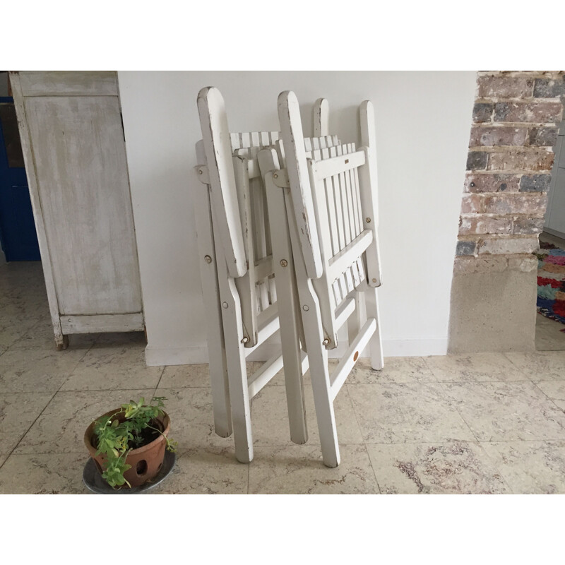 Vintage pair of folding garden armchairs in white lacquered wood by R. Gleizes