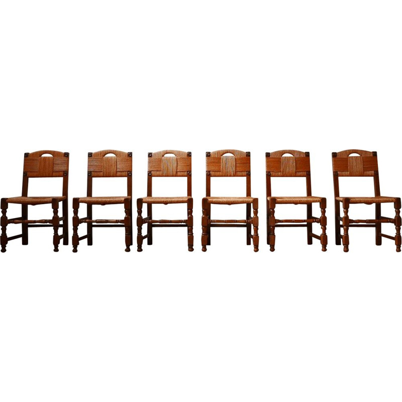 Ensemble de 8 chaises vintage français en jonc, 1950
