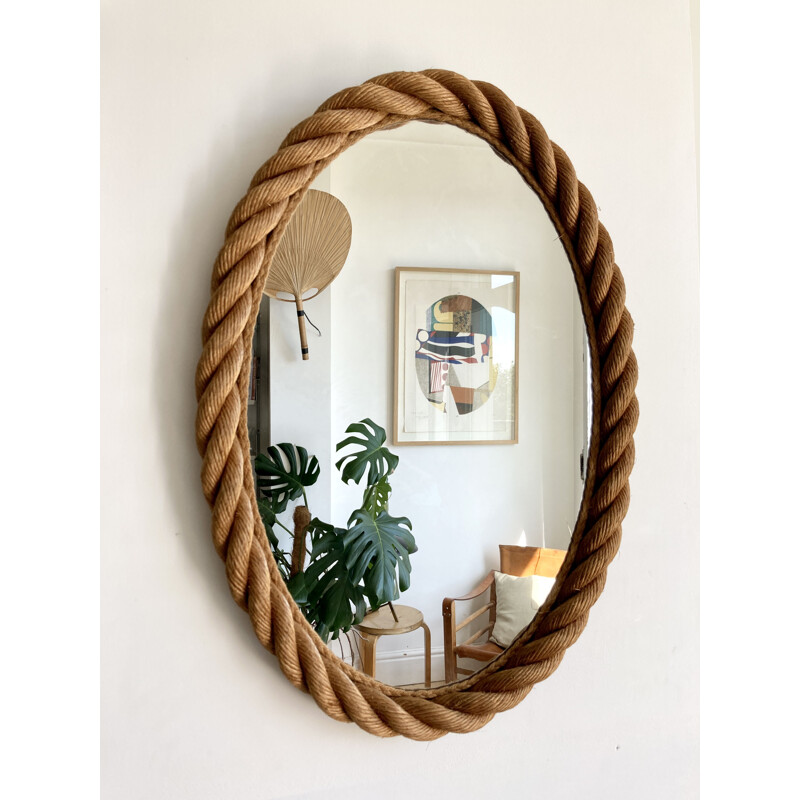 Vintage large elliptical rope mirror by Audoux & Minet, France 1950-60