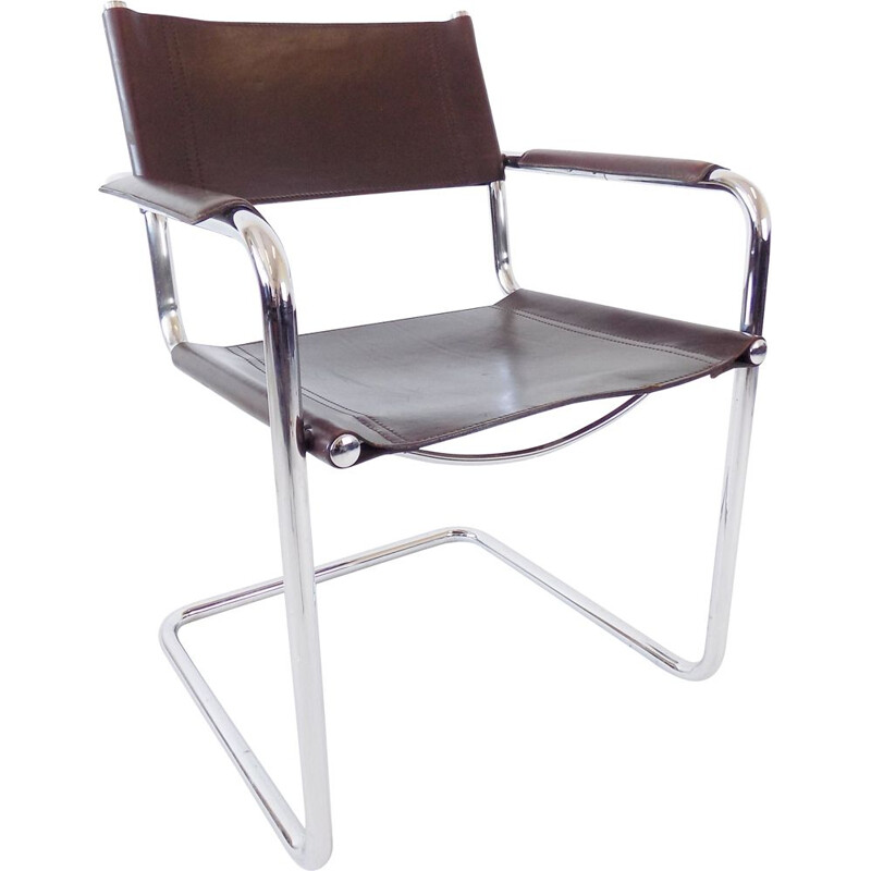 Vintage chrome cantilever brown leather chair by Matteo Grassi MG 5