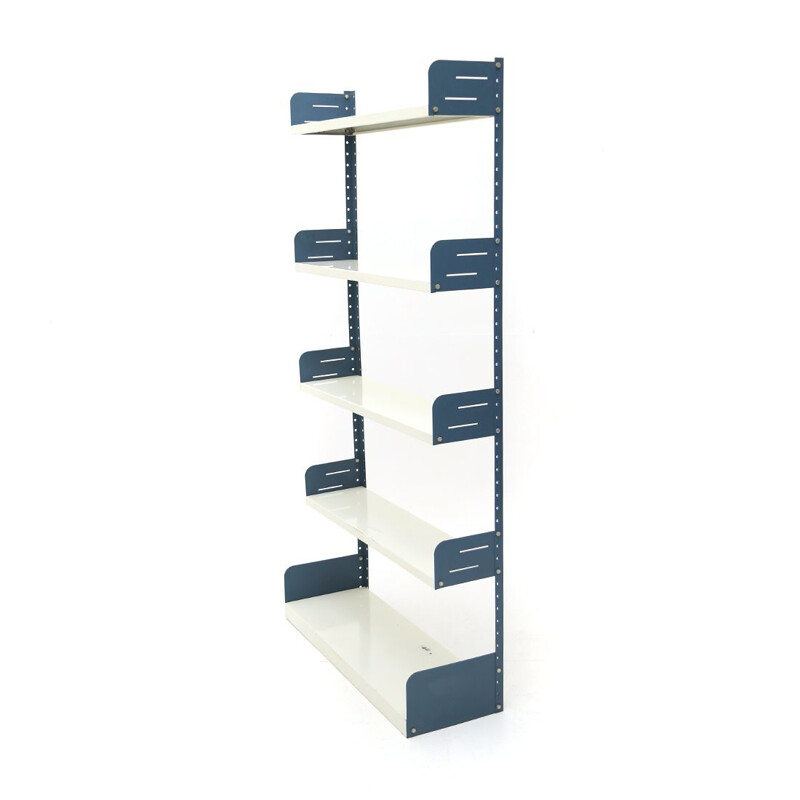 Vintage white and blue metal bookcase, Italy 1970's