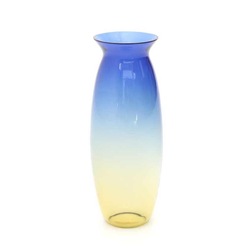 Mid-century blue and yellow glass vase by Alfredo Barbini for Barbini Murano, 1970's