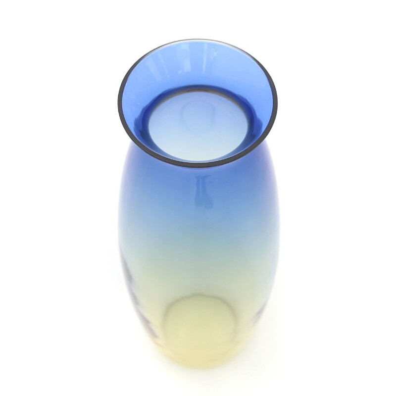 Mid-century blue and yellow glass vase by Alfredo Barbini for Barbini Murano, 1970's