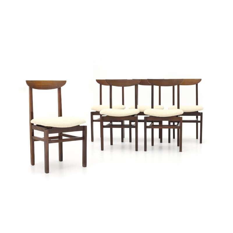 Set of 6 vintage chairs in wood and cream-colored fabric, 1960's