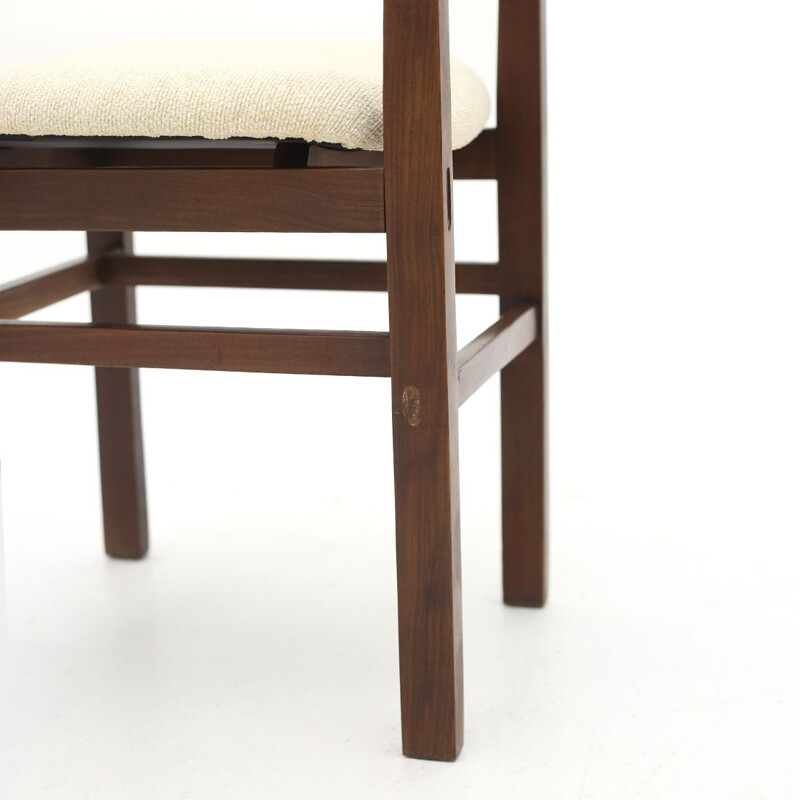 6 chaises vintage en bois massif et tissu couleur crème, 1960