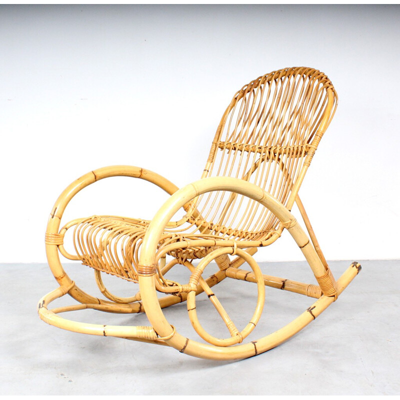 Dutch Rohé Noordwolde rocking chair in wicker - 1960s