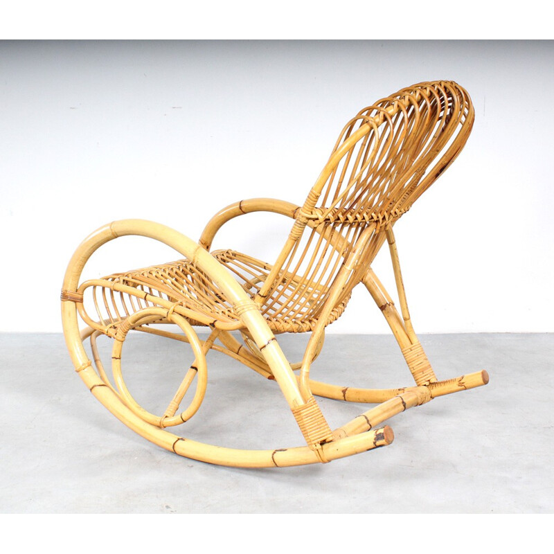 Dutch Rohé Noordwolde rocking chair in wicker - 1960s