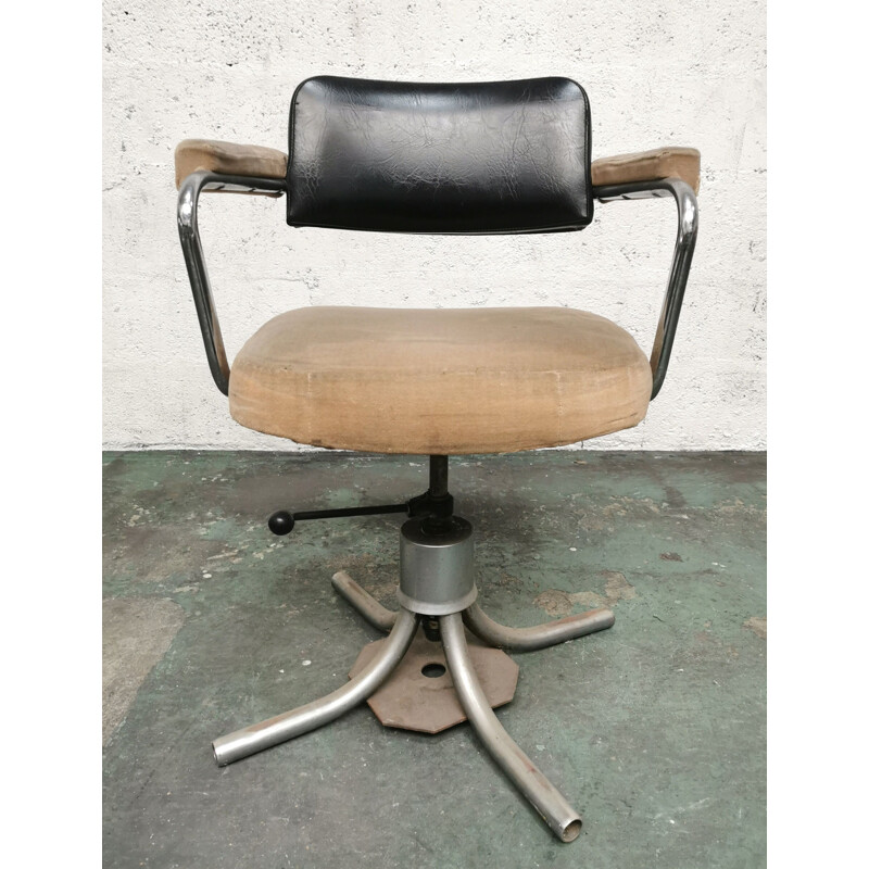 Vintage industriële fauteuil in wol en leer, 1950