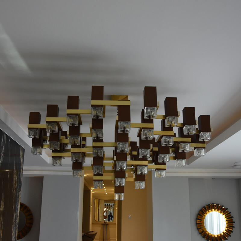 Large chandelier in aluminum and brass, Gaetano SCIOLARI - 1970s