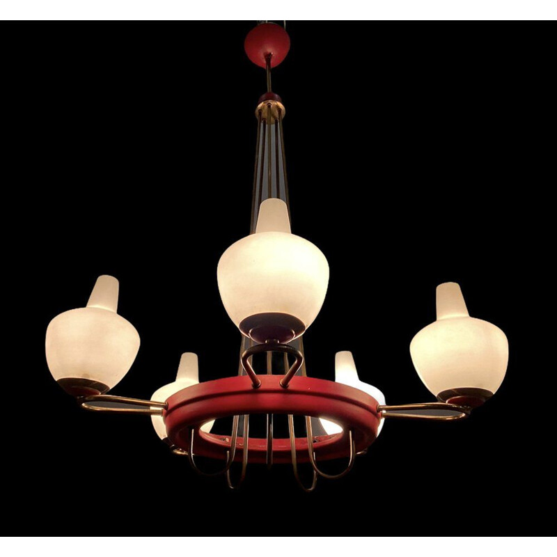 Vintage bronze chandelier in red, 1950s