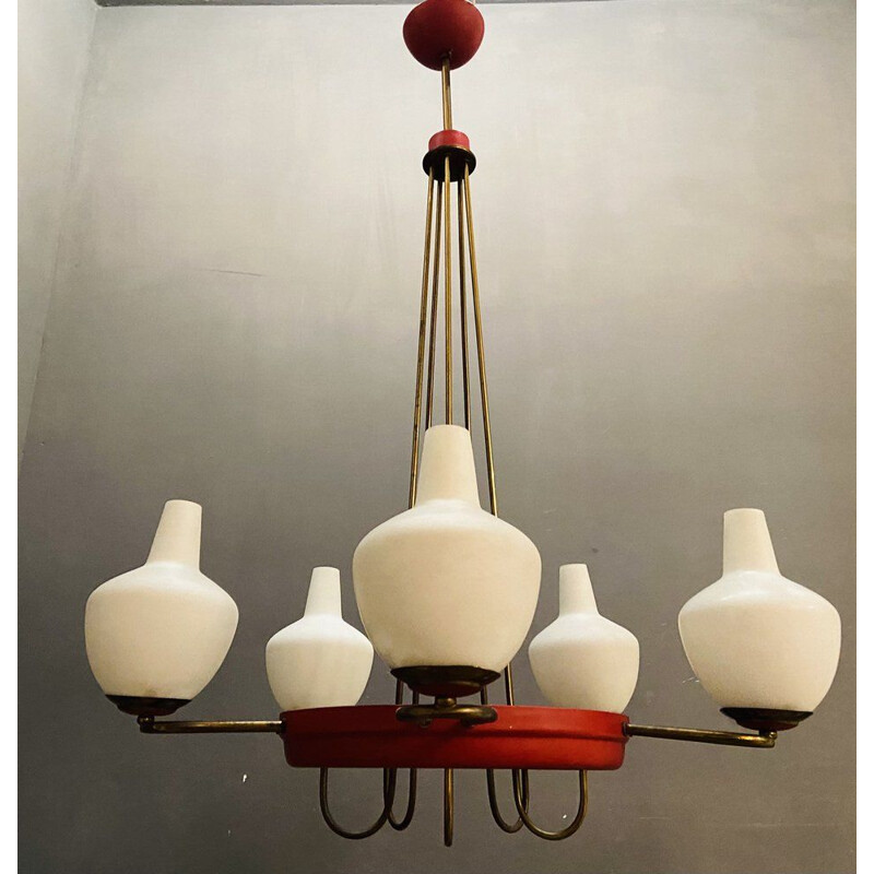 Vintage bronze chandelier in red, 1950s