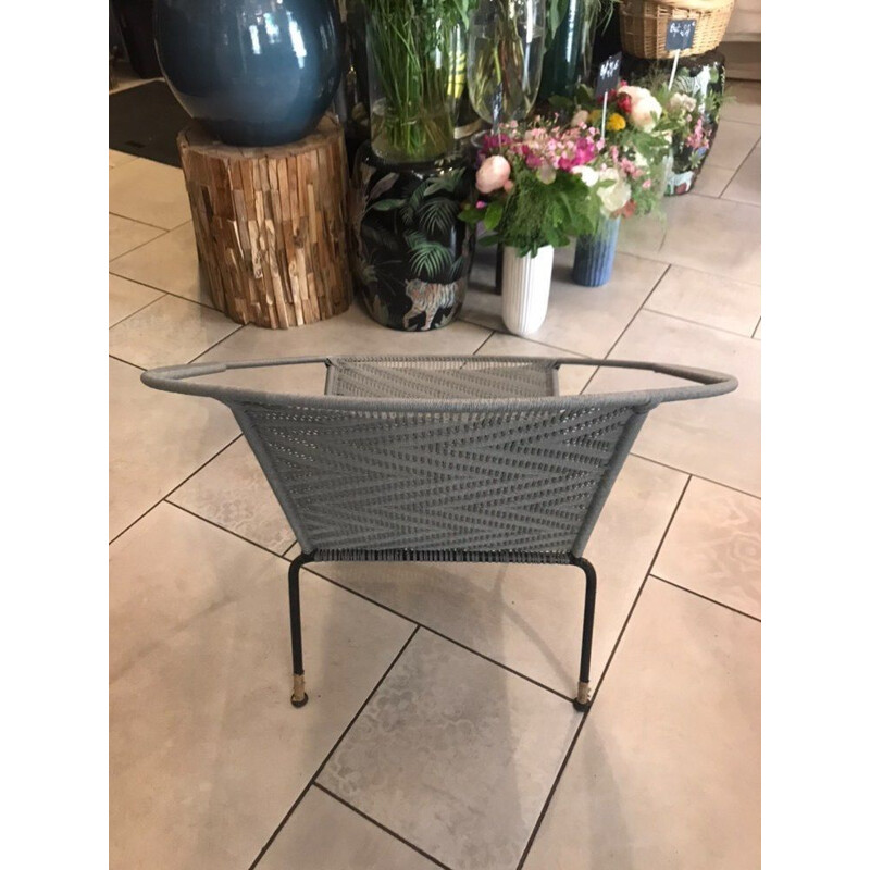 Vintage woven armchair with black metal base