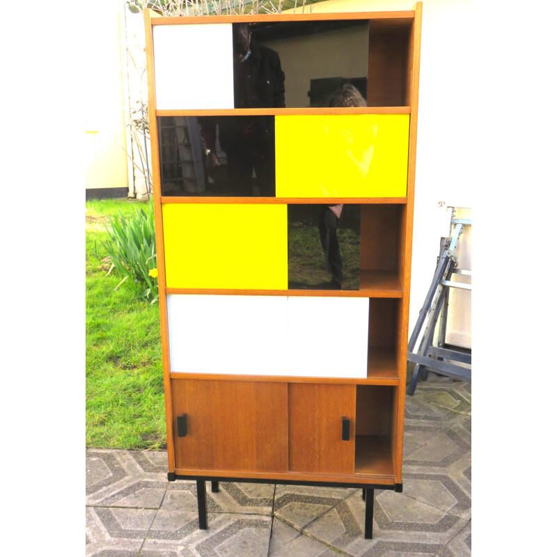 Modernist vintage teak bookcase with three-coloured sliding doors, France 1950