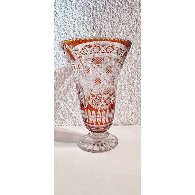 Vintage bohemian glass vase with geometric patterns, Czech 1980