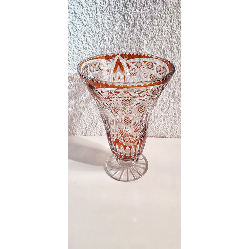 Jarrón de cristal bohemio vintage con motivos geométricos, checo 1980