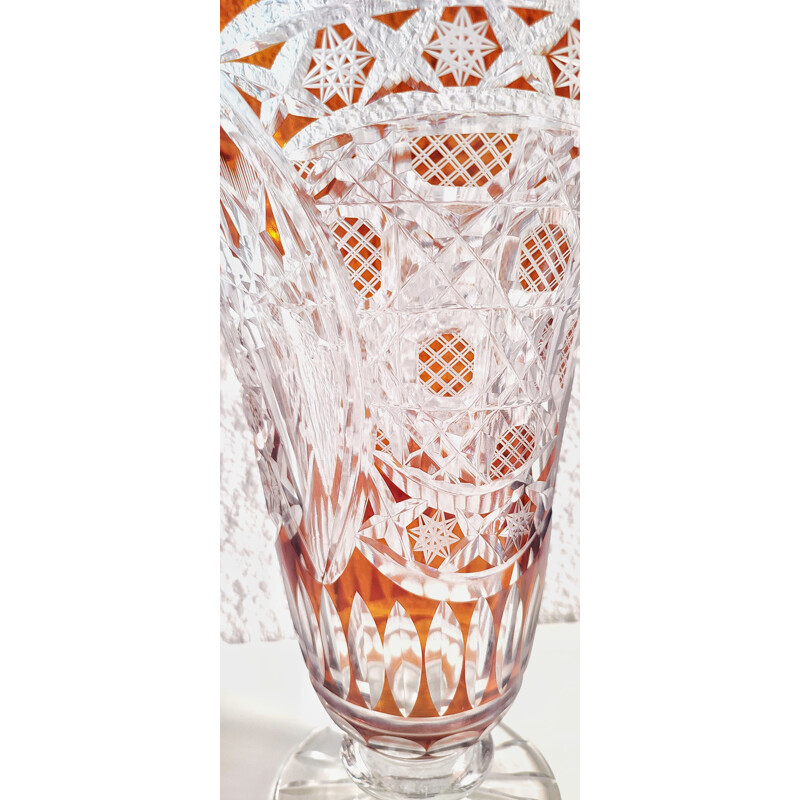 Vintage bohemian glass vase with geometric patterns, Czech 1980