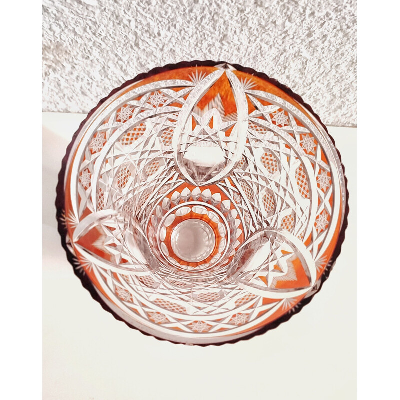 Jarrón de cristal bohemio vintage con motivos geométricos, checo 1980