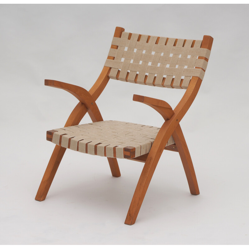 Chaise en bois d'hêtre avec lanières beige - 1950