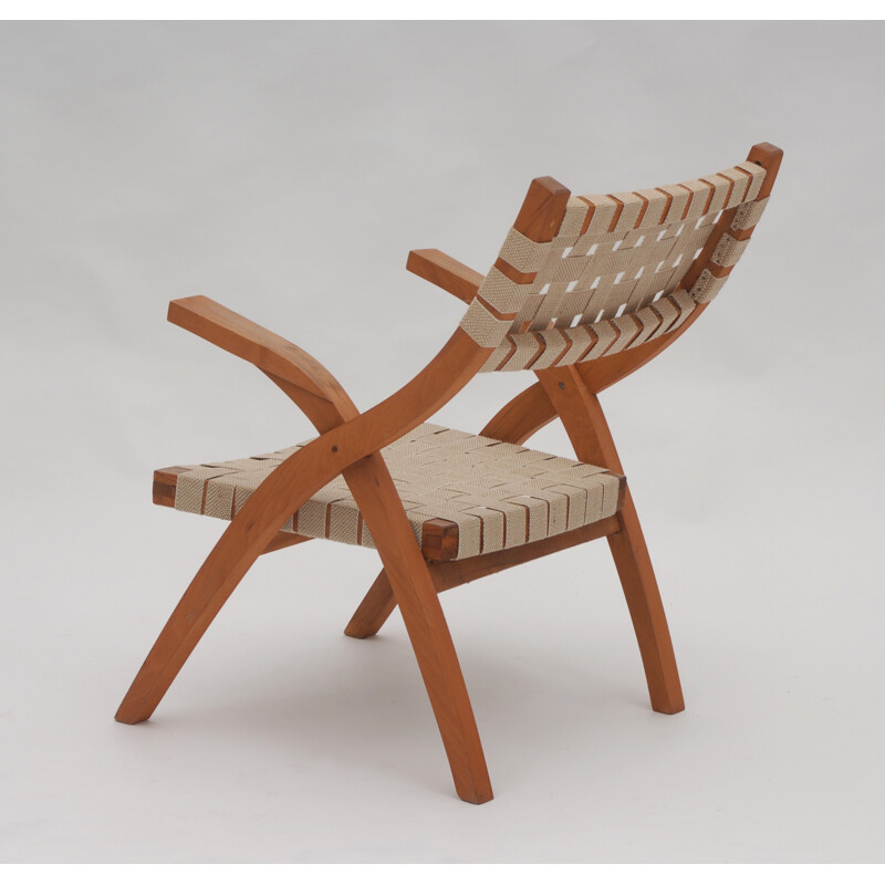 Chaise en bois d'hêtre avec lanières beige - 1950