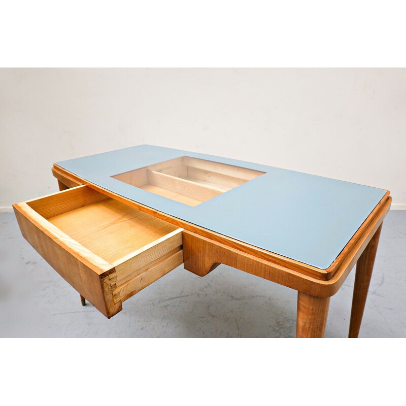 Mid-century wood and glass top desk, Italy 1950s