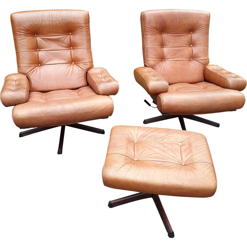 2 vintage armchairs with matching ottoman by Gote Möbler Nässjo, Sweden 1970s