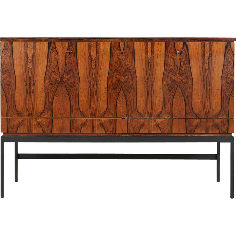 Mid-century rosewood and black metal base bar cabinet