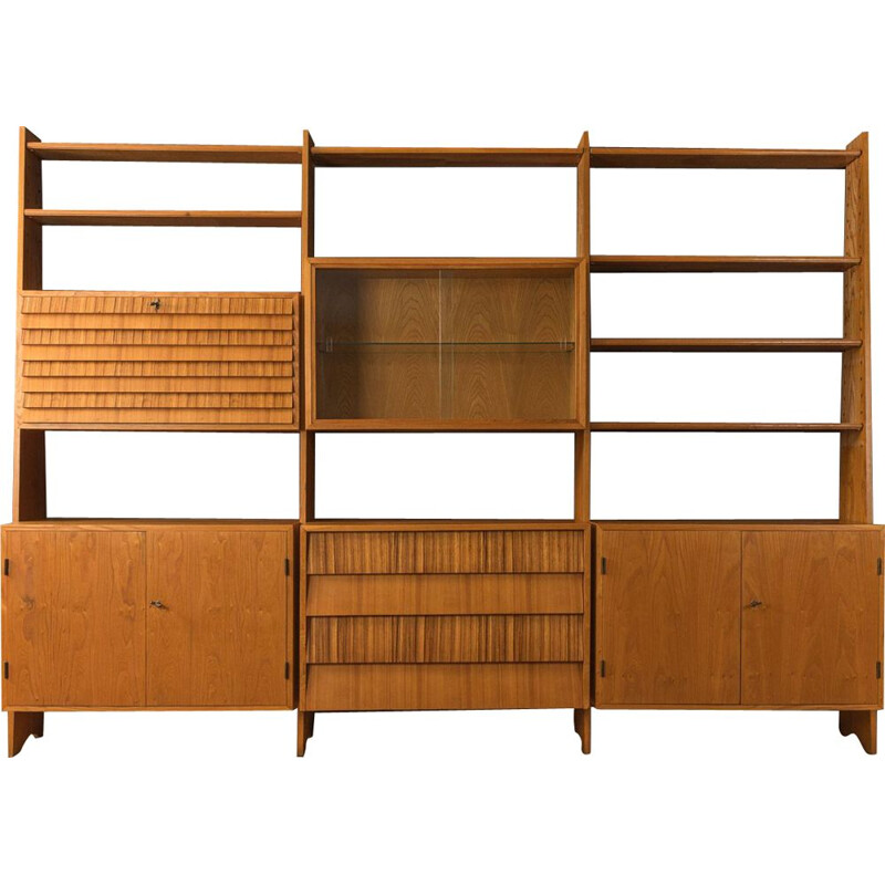 Mid-century large hand-crafted wall shelf unit, 1950s