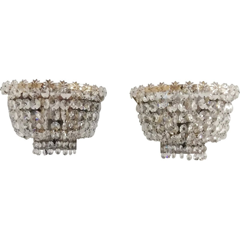 Mid-century 2 Cut crystal wall lamps. France 1940s
