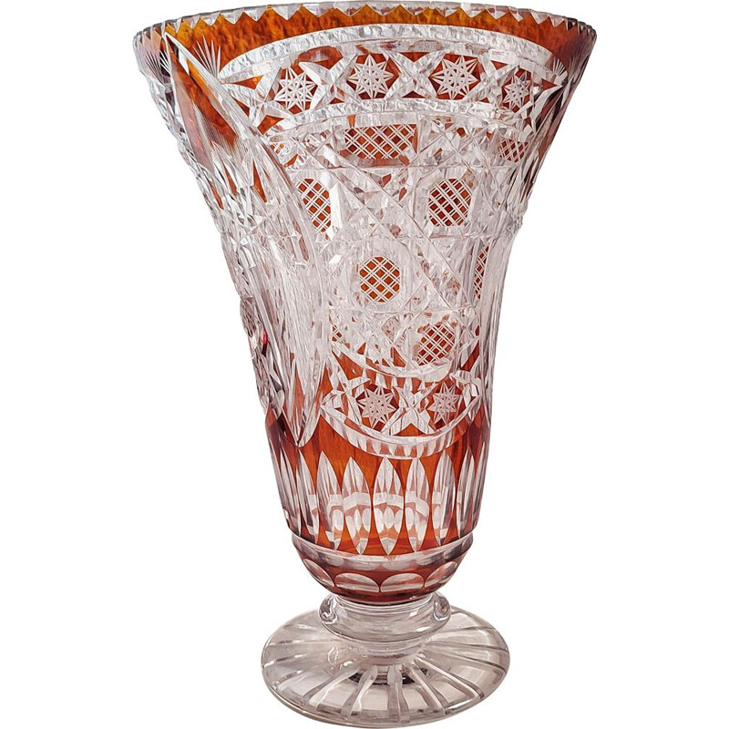Vaso vintage in vetro bohémien con motivi geometrici, Repubblica Ceca 1980