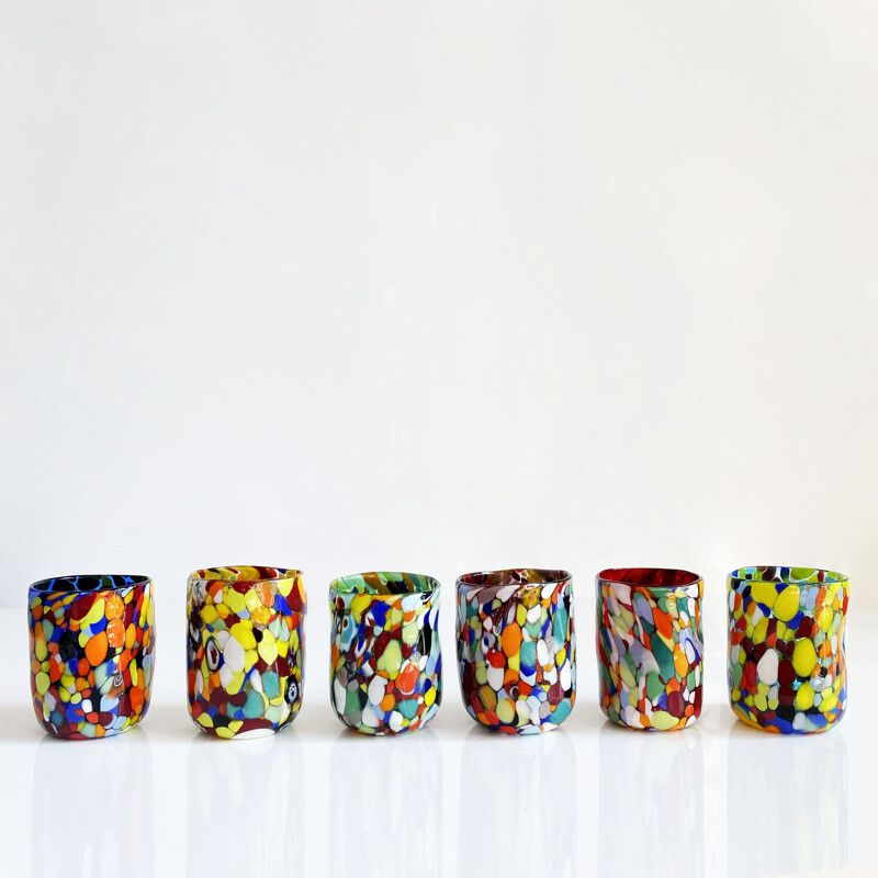 6 verres italiens vintage multicolores en verre de Murano 