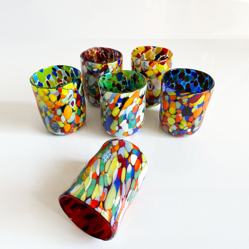 6 vintage italian multicolored glasses in Murano glass 