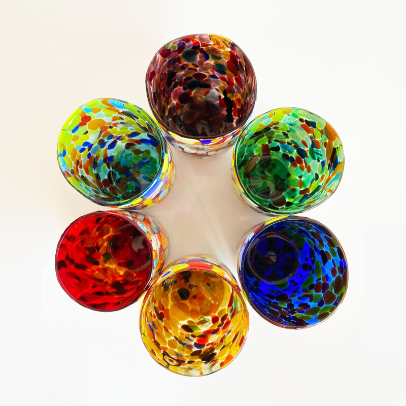 6 verres italiens vintage multicolores en verre de Murano 