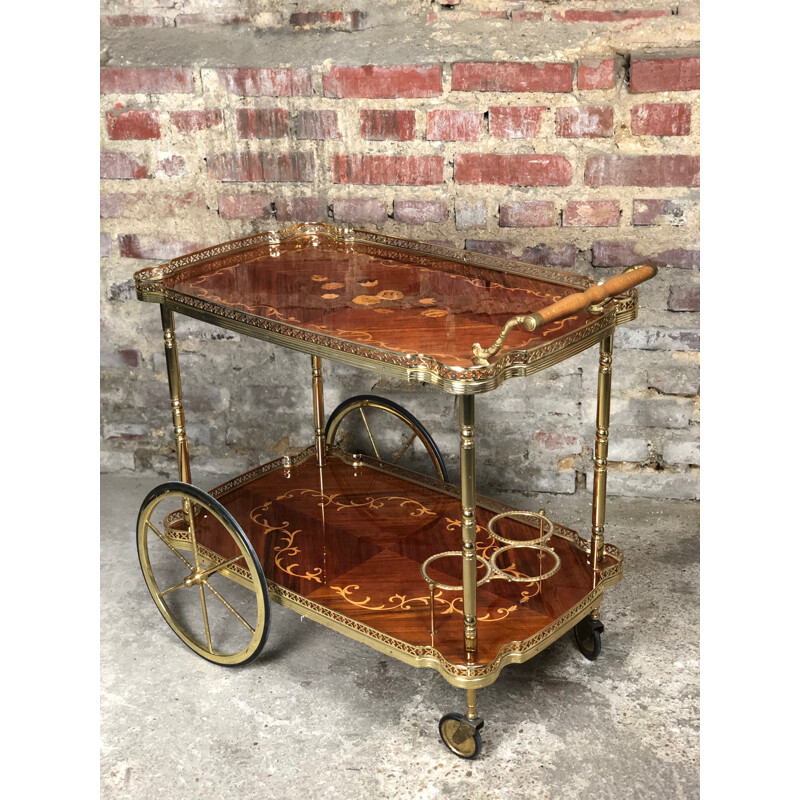 Vintage serving cart in marquetry of flowers and brass 1970s
