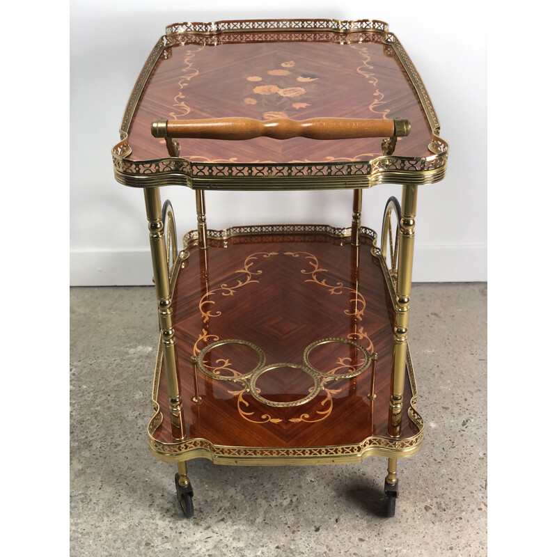 Vintage serving cart in marquetry of flowers and brass 1970s