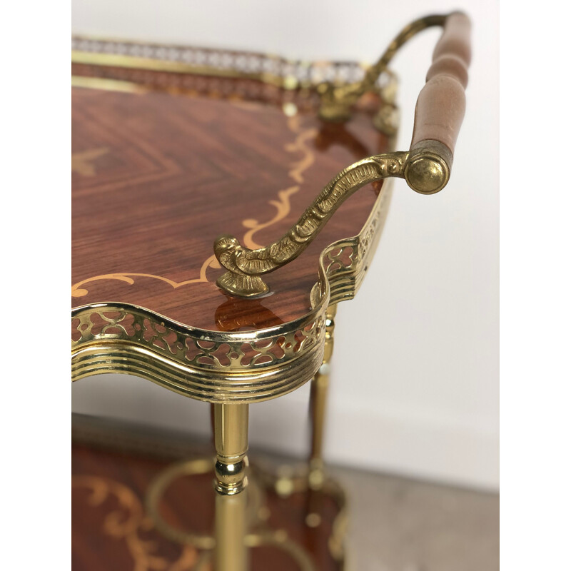 Vintage serving cart in marquetry of flowers and brass 1970s