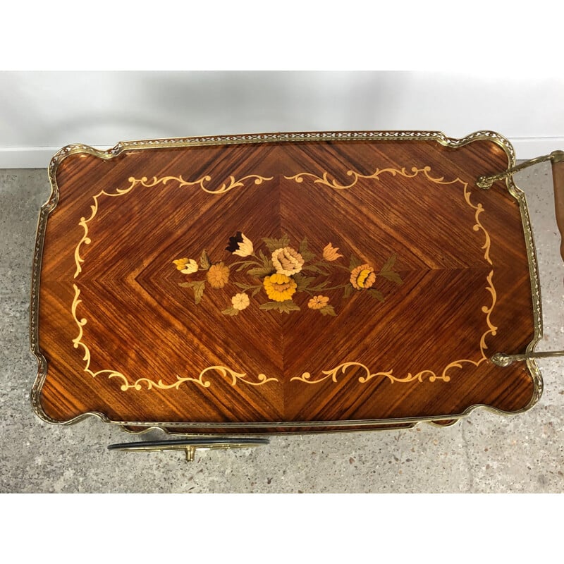 Vintage serving cart in marquetry of flowers and brass 1970s