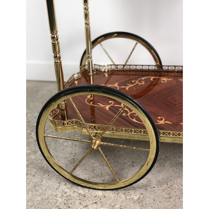 Vintage serving cart in marquetry of flowers and brass 1970s