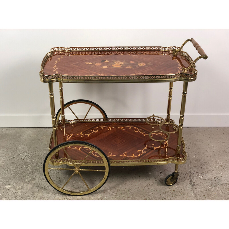 Vintage serving cart in marquetry of flowers and brass 1970s