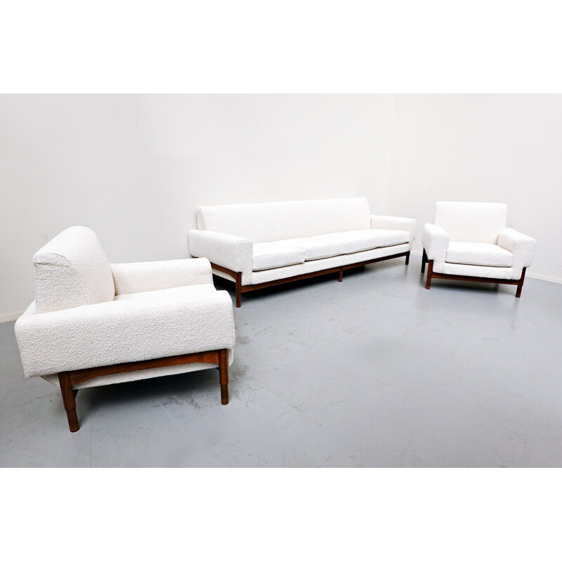 Mid-century walnut and white wool sofa by Sapiroti, Italy 1960s