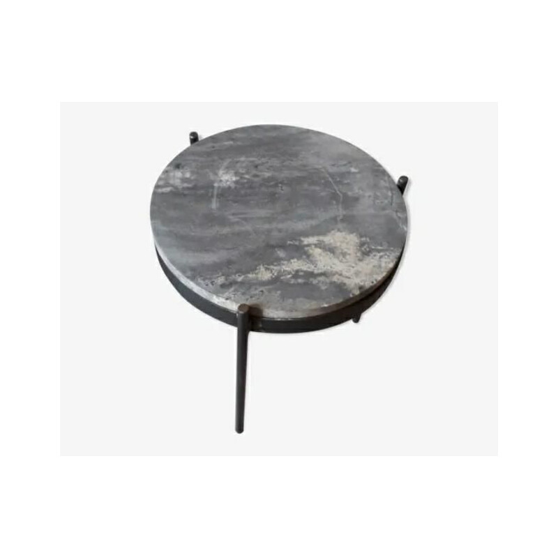 Table d'appoint vintage en métal et marbre travertin 