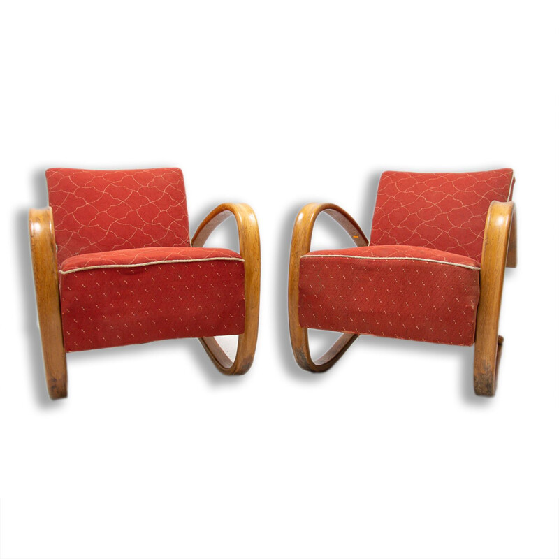 Pair of vintage bentwood lounge chairs "H-269" by Jindrich Halabala, Czech 1930