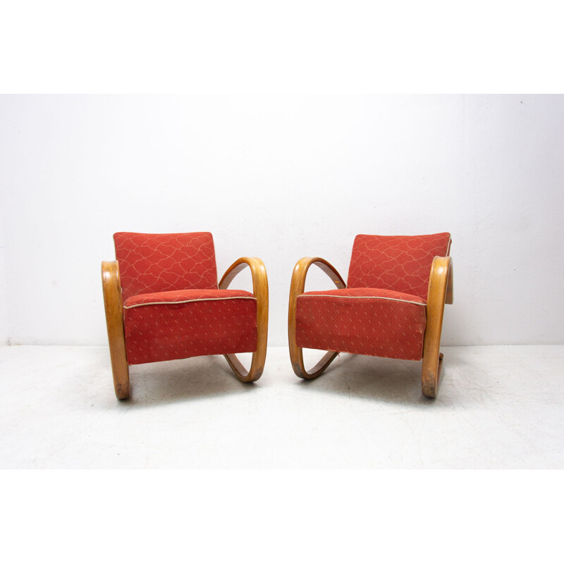 Paar vintage gebogen houten ligstoelen "H-269" van Jindrich Halabala, Tsjechië 1930
